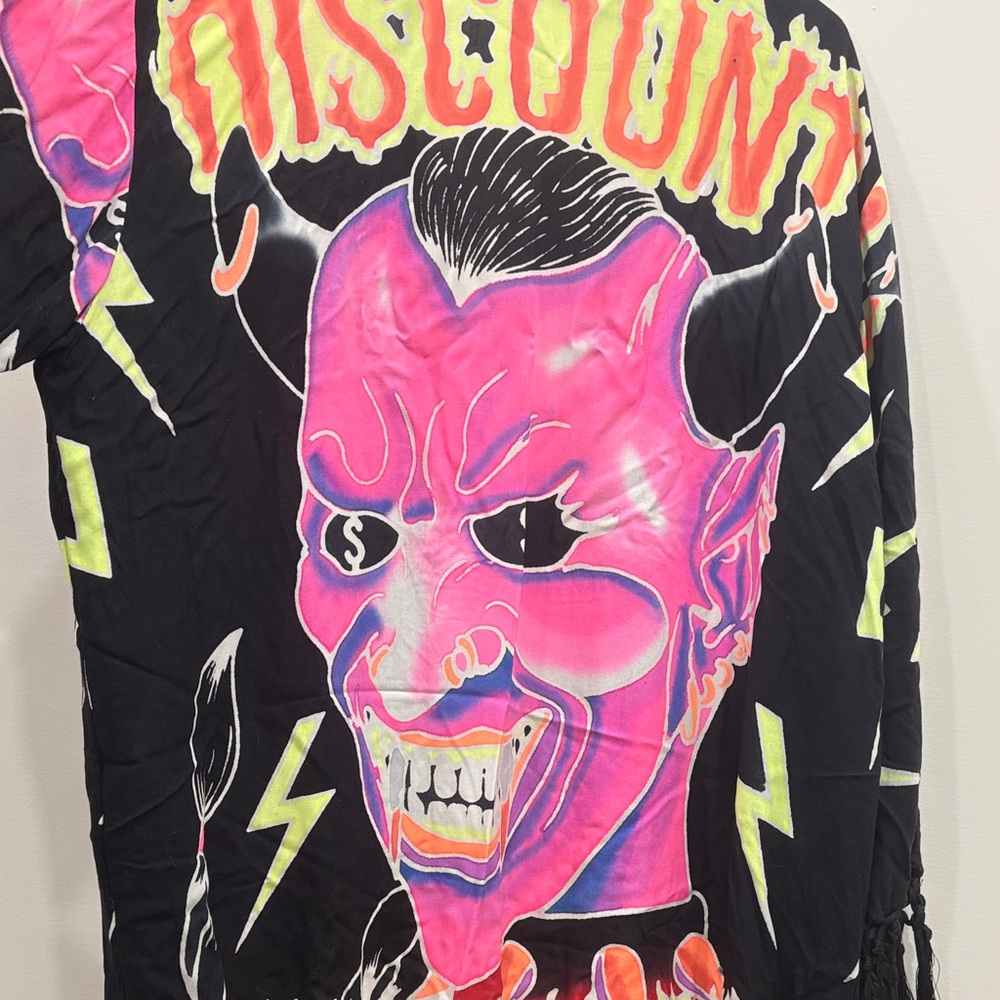 Discount Universe Black Fringe Kimono with Neon Devil Graphic - Picture 2 of 4